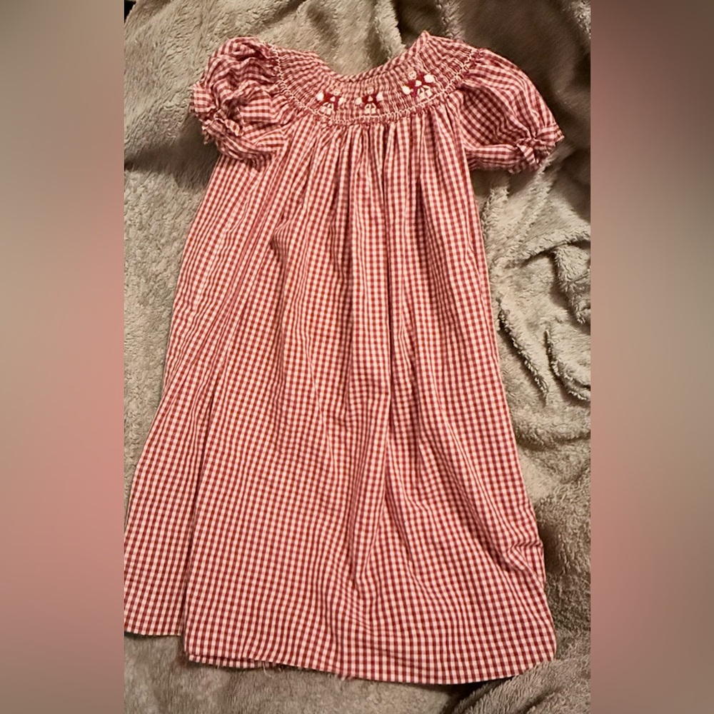 Girls red Gingham smocked dress- cheerleader- size 4